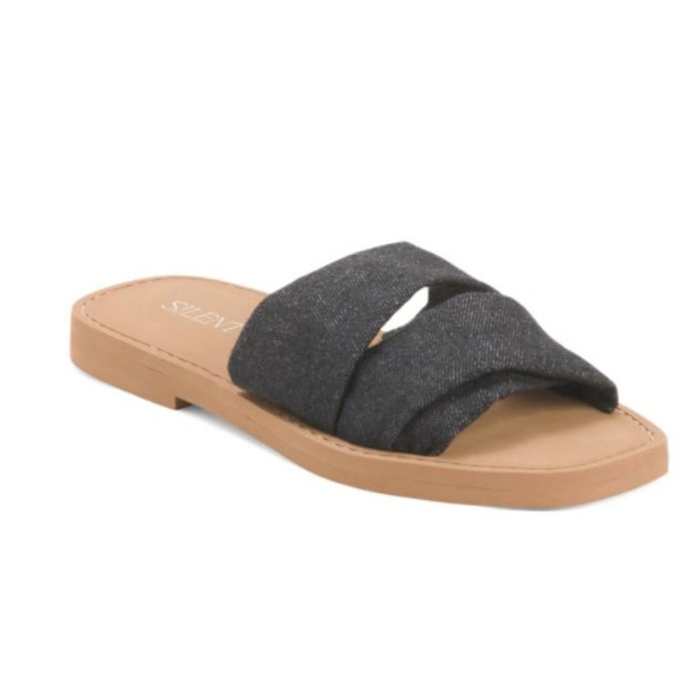 NWT Anthropologie Silent D Canvas Slide Sandals Black Summer Flats Size 6